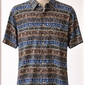 Pierre Cardin Short-Sleeve Button-Down in Blue and Brown Pattern